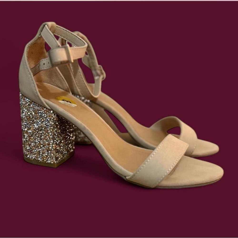 BAMBOO Beige Glitter Block Heel Sandals